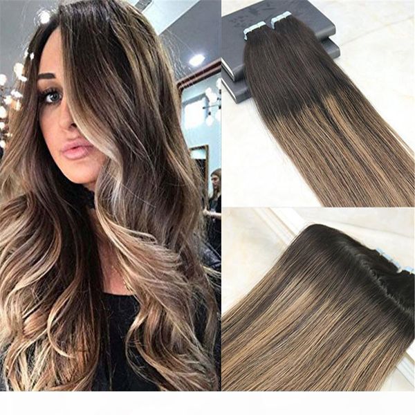 

remy tape in hair extensions human hair balayage color dark brown fading to light brown unprocessd human hair extensions seamless 100g 40pcs, Black