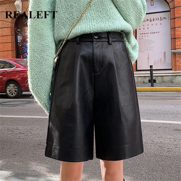 REALEFT 2020 Neue Herbst Winter PU Leder Street Half Hosen Bermuda Hohe Taille Breite Bein Hosen Vintage Hosen Tasche Plus größe LJ200820