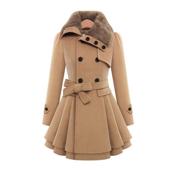 

fashion womens slim trench lady fur collar peacoat winter woolen coat outwear double breasted elegant coats, Tan;black