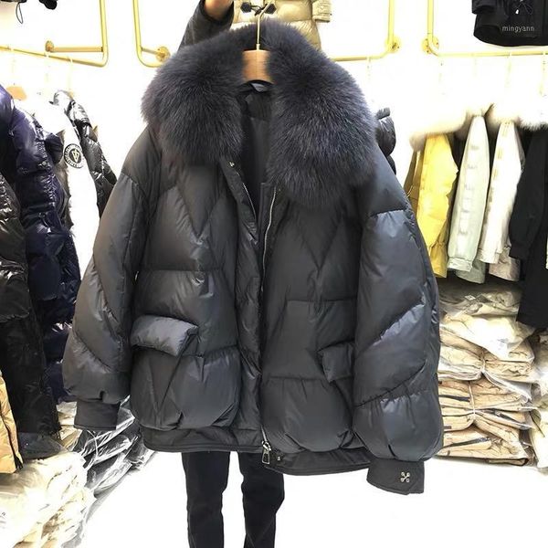 

janveny short down parkas female 2020 natural fur collar loose oversize 90% white duck down jacket women winter outwear coat1, Black