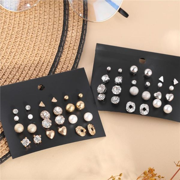 

stud 2021 12 pairs /pack metal gold color earrings crystal set piercing earring for women elegant jewelry fashion gift, Golden;silver