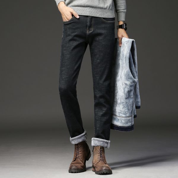 

men warm jeans autumn winter jeans thicken fleece men jeans long trouse blue and black colors fit for -20 q0105, Black;white
