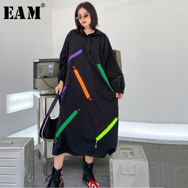 

eam] women black colorful zipper big size long dress new round neck long sleeve loose fit fashion spring autumn 2020 1y7141, Black;gray