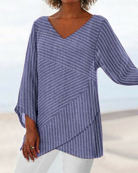 

fashion women's casual summer striped long sleeve v-neck irregular tee ladies new loose baggy t shirts, White