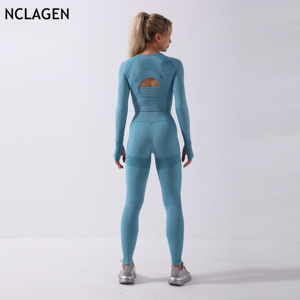 

nclagen women sportwear seamless suit 2 piece yoga set sport leggings long sleeve crop gym running fitness workout clothes, White;red