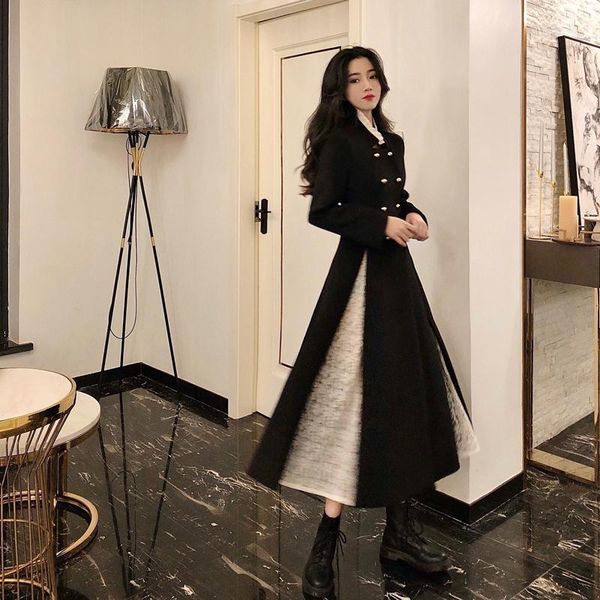 

women's wool & blends black waist slimming lace stitching mid-length woolen coat 2021 korean style autumn and winter women's coat1