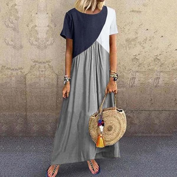 

yoga outfits women bohemian geometric stitching patchwork contrast dress short-sleeve dresses boho large size casual long maxi beach, White;red