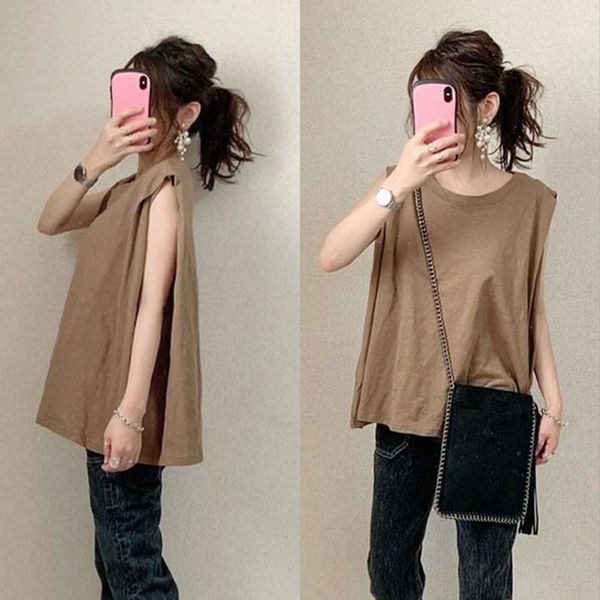 

women t-shirt brown casual korean janpanese 2020 fashion female tee t-shirts sleeveless loose style summer t-shirts1, White