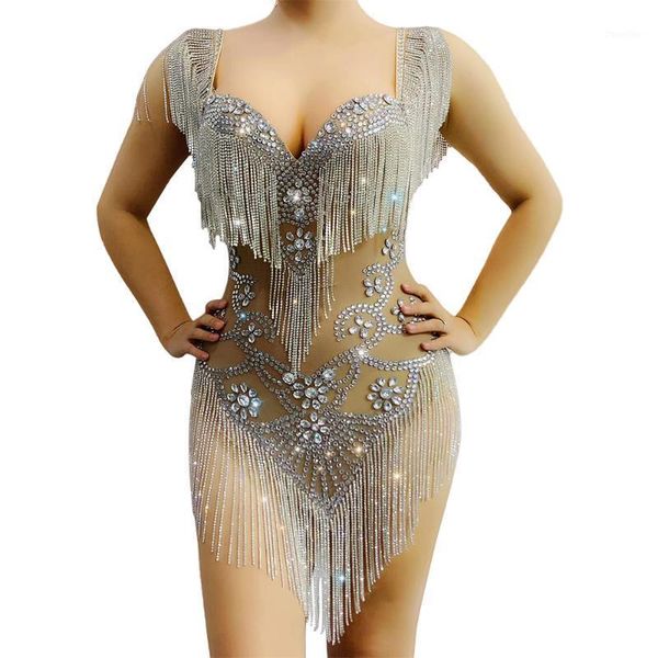 

fashion latin dance fringes crystals outfit nightclub dancer costumes singer stage wear silver rhinestones tassel bodysuit1, Black;red