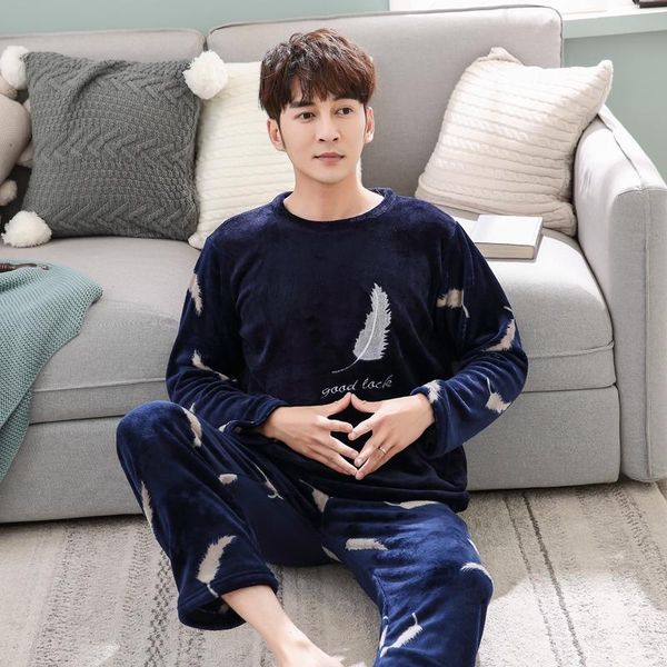

men's sleepwear autumn winter fannal pajamas 2 pcs set long-sleeved thickened plus fleece youth pigiama uomo flannel home service suit, Black;brown