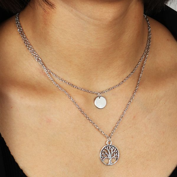 

long statement double layer sequins family tree chain necklaces pendants for women birthday jewelry bijuterias colliers, Silver