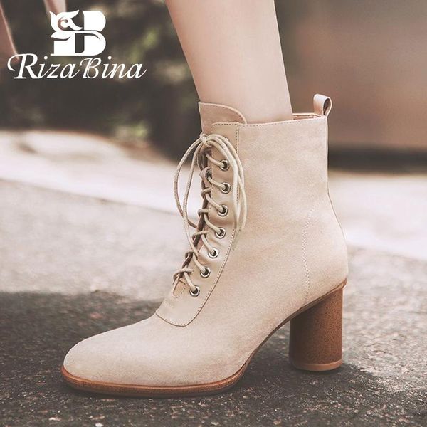 

boots rizabina real leather women ankle fashion solid color thick heel shoes square casual mujer footwear size 34-40, Black