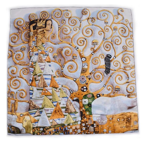 

scarves [bysifa] grey gold oil painting maiden design twill silk scarf shawl fashion100% square wraps brand neck head, Blue;gray