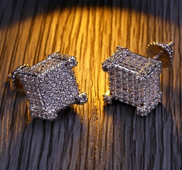 

fashion luxury earrings for hip hop men grade quality 18k gold plated copper square zircon stud earrings 925 silver ear caps002, Golden;silver