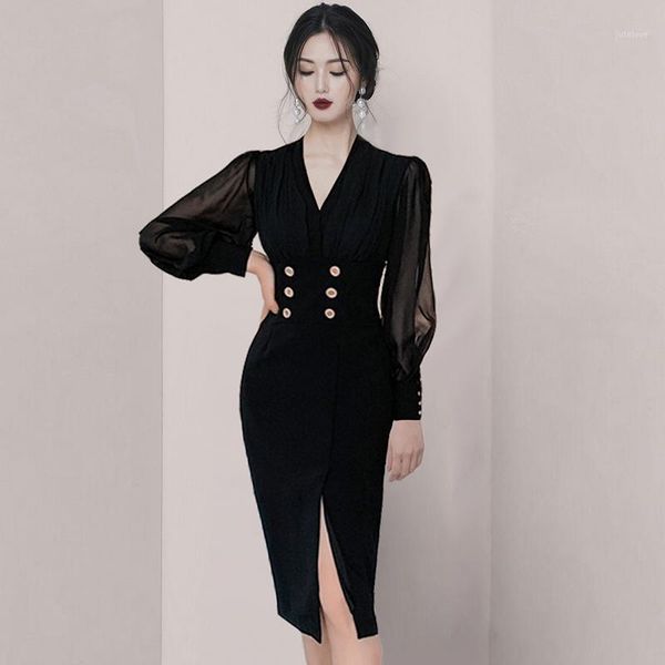 

jsxdhk 2020 new winter office dress runway women v neck chiffon patchwork double-breasted female bodycon pencil split dress1, Black;gray