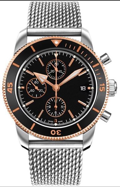 

classic new chronograph men satch sapphire crystal japanese rotatable ceramic bezel sport silver rose gold watch, Slivery;brown