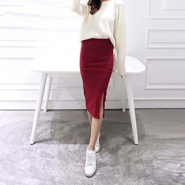 

autumn winter skirts chic pencil skirts women skirt wool rib knit long skirt package hip split waist midi maxi, Black