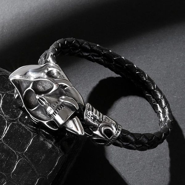 

bracelet jewelry black genuine leather men stainless fashion steel punk evil leader skull charm exaggeration bangle jlle