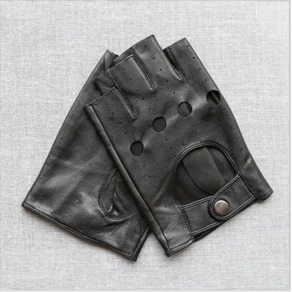 

black leather sheepskin genuine driving active driver semi-finger gloves for fathers day gift mens