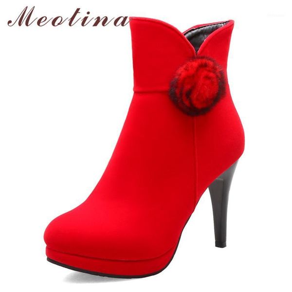 

boots meotina women autumn ankle flower stiletto heel short fashion extreme high shoes ladies winter red 33-431, Black