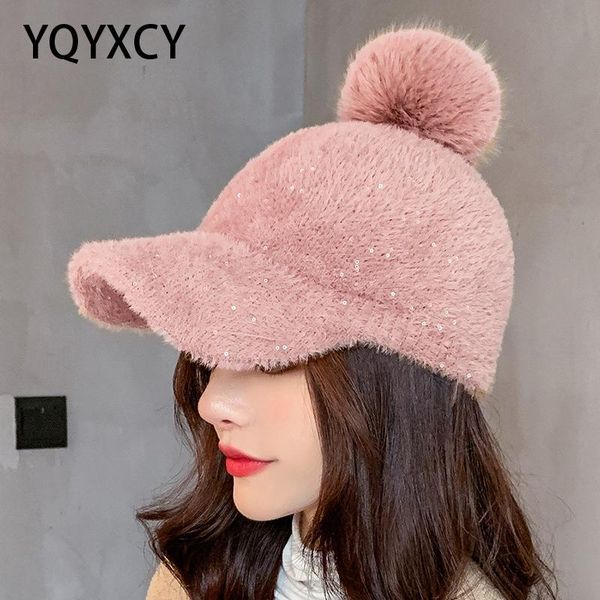 

yqyxcy winter hat women baseball cap with pompon faux fur ball cold proof thick warm solid color fashion casual gorras femaleq1228, Blue;gray