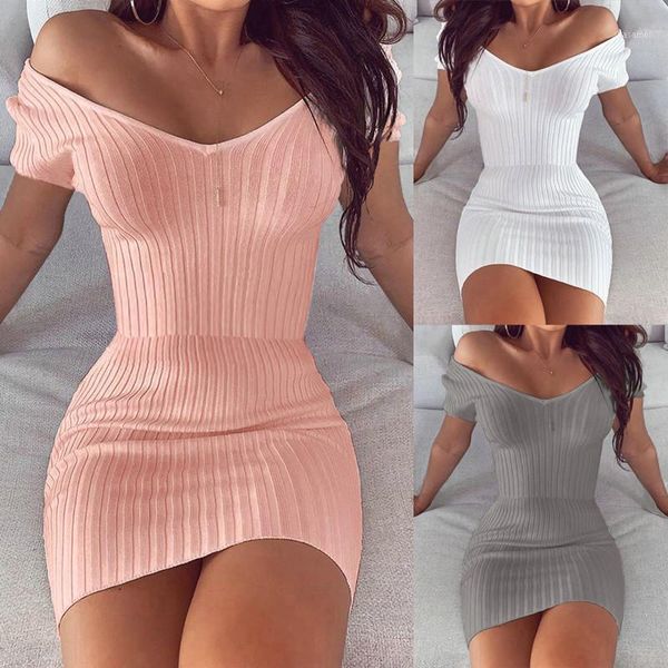 

2020 temperament v-neck slim knit women's dress summer bag hip mini white elegant casual dress office tight dresses1, White;black