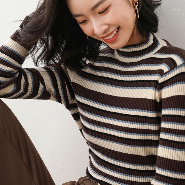 

fall 2020 new women's high neck long sleeve slim half high collar color matching striped with fashion leisure lady sweater, White;black