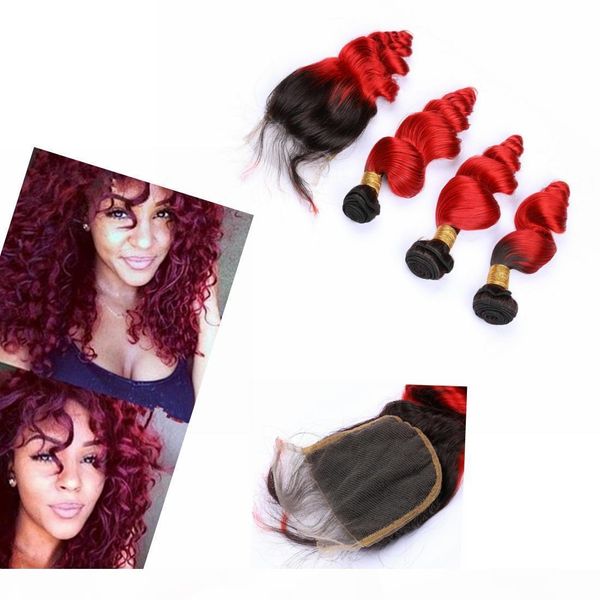 

ombre wavy hair bundles with closure indian hair #1b #red loose wavy ombre hair weave with closure, Black;brown