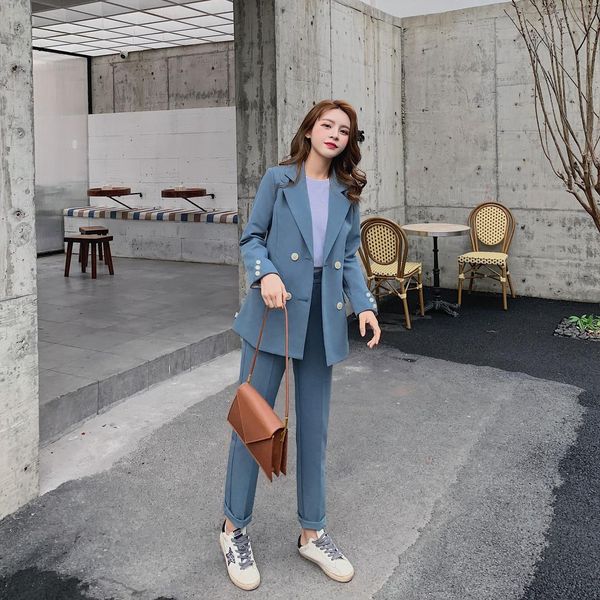 

casual solid women pant suits notched collar blazer jacket & pencil female spring autumn q1215, White