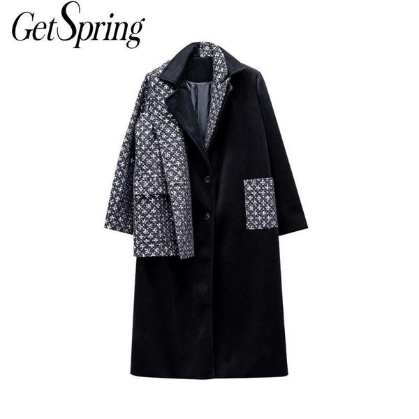 

women's wool & blends getspring women woolen coat patchwork color matching fake two vintage casual long winter coats 2021, Black
