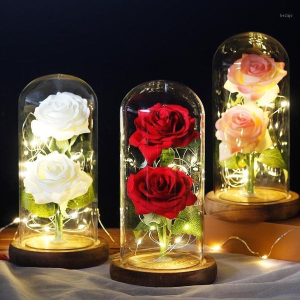

creative two flowers red rose led light summit base glass for mother valentine's day present1
