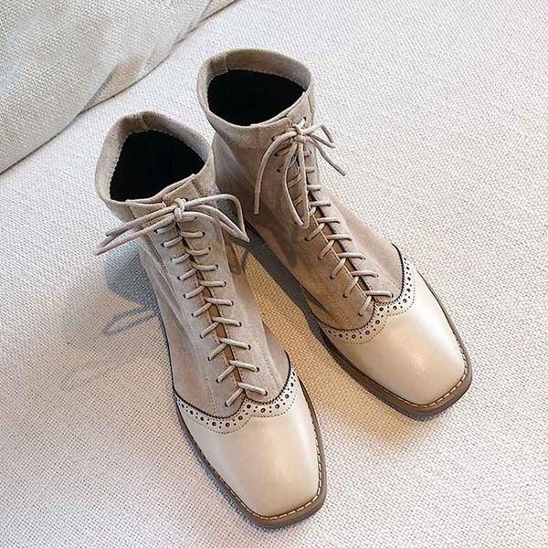 

boots ankle women winter shoes brogue carved patchwork stretch flock square toe lace up botas mujer, Black