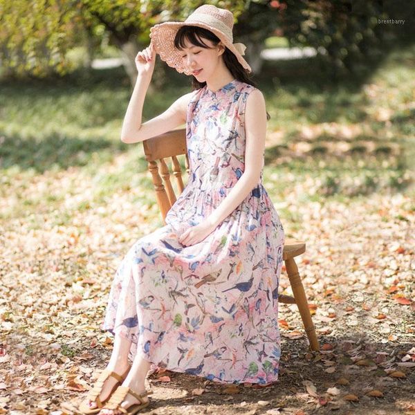 

preppy cute birds print stand collar beads button sleeveless tank dress, summer elegant young lady cheongsan style robe sundress1, Black;gray