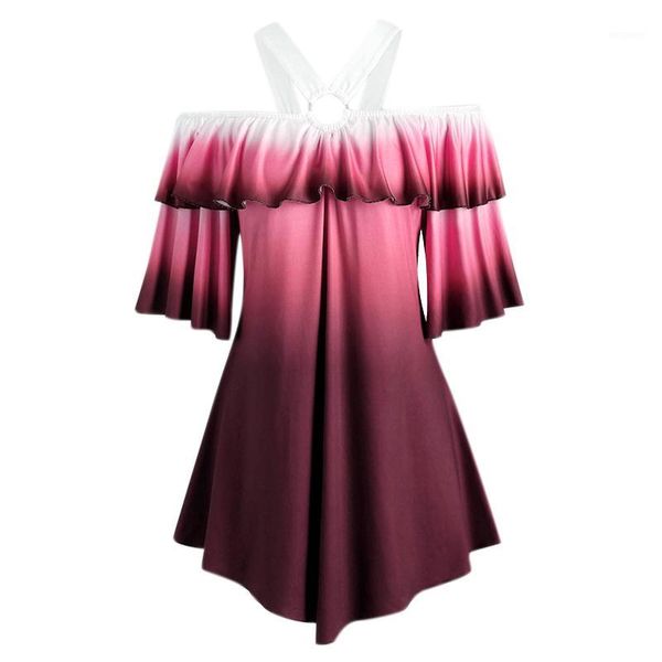 

vicabo gradient blusa plus size shoulder halter neck blouses summer ruffle short sleeve shirts loose color blouse for women1, White