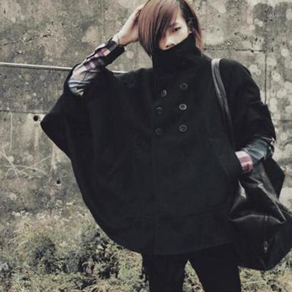 

bat sleeve men's cloak loose wool coat fashion men's coat loose japanese and korean edition large-size stylish1, Black