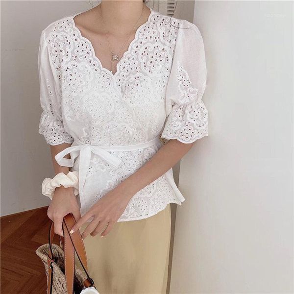 

women summer hollow out solid new design 2021 lady sweet ruffles all match v-neck high waist chic women slim short shirts1, White