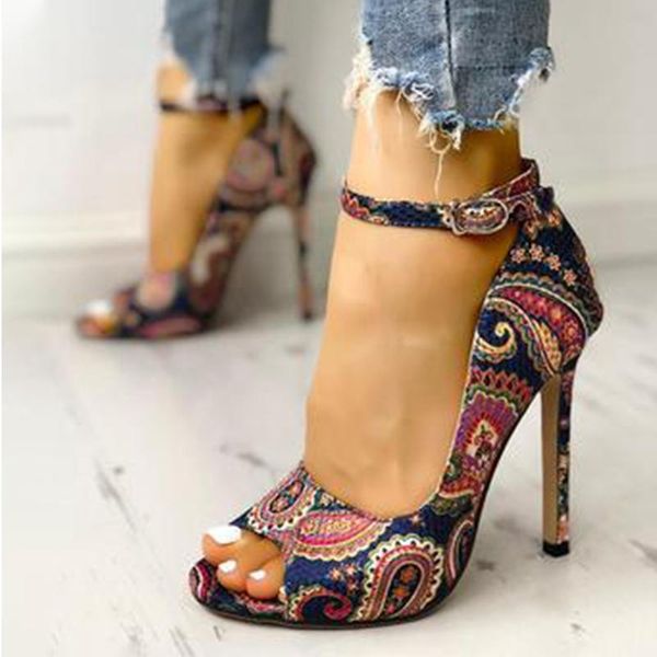 

new women pumps ladies high heels woman pattern print thin heels female ankle buckle strap women's summer sandals 2020 plus size, Black