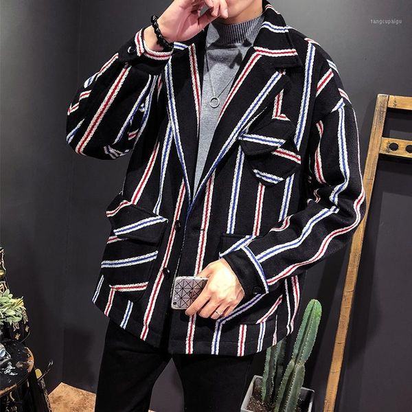 

striped men's jacket spring autumn fashion casual turn down collar youth personality streetwear windbreaker hip hop clothes1, Black;brown