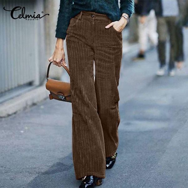 

women's pants & capris 2021 fashion corduroy celmia autumn high waist wide leg trousers casual loose solid work pantalon femme plus siz, Black;white