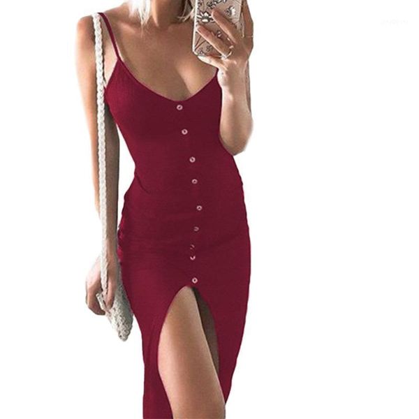 

2020 new women clothes irregular slip dress party sleeveless solid color v neck button dress slim front slit1, Black;gray