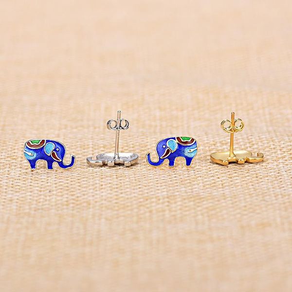 

stud buyee 925 sterling silver small earring women beautiful vivid elephant enamel for national ethnic jewelry, Golden;silver