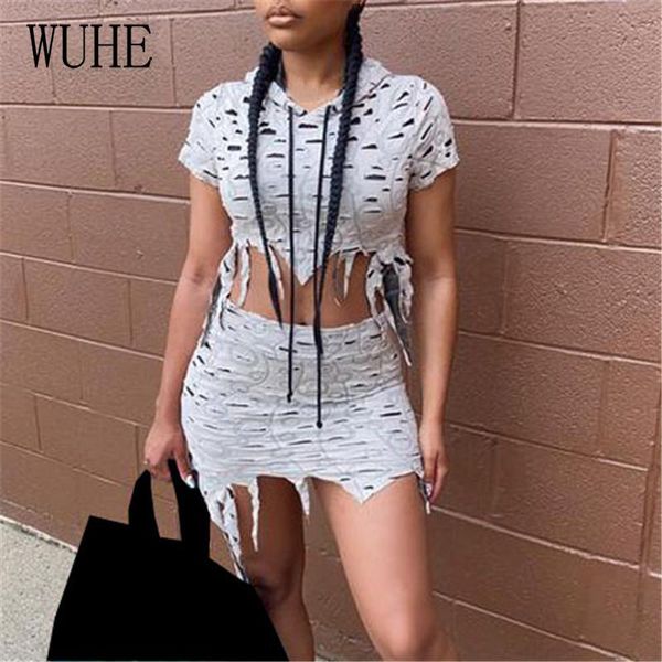 

wuhe classic elegant women two pieces hole hollow out bandage short sleeve hooded crop mini tassel skinny dress streetwear, Gray