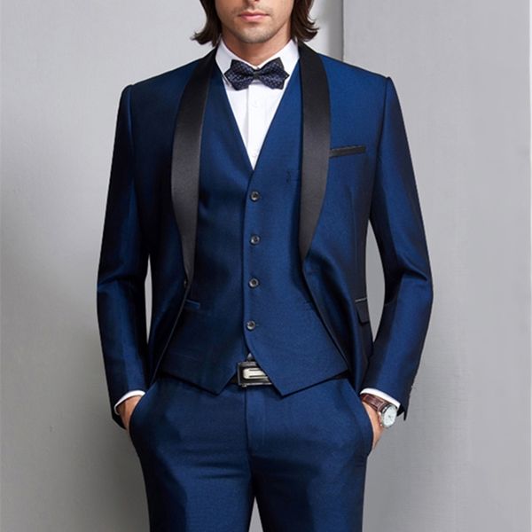 Azul Smoking Mens Suits Homens 3 Peças Formal Pron Blazer Shawl Lapel para casamento noivo homem (jaqueta + colete + calças) Jantar Partido Tuxe 201106