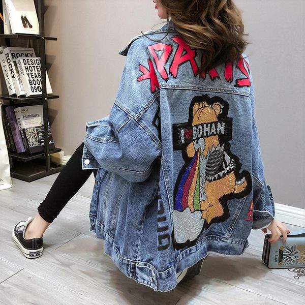 

womens denim jacket spring jeans heavy diamond letters printed female 2020 new fashion diamond long sleeved jeans coat 88q, Black;brown