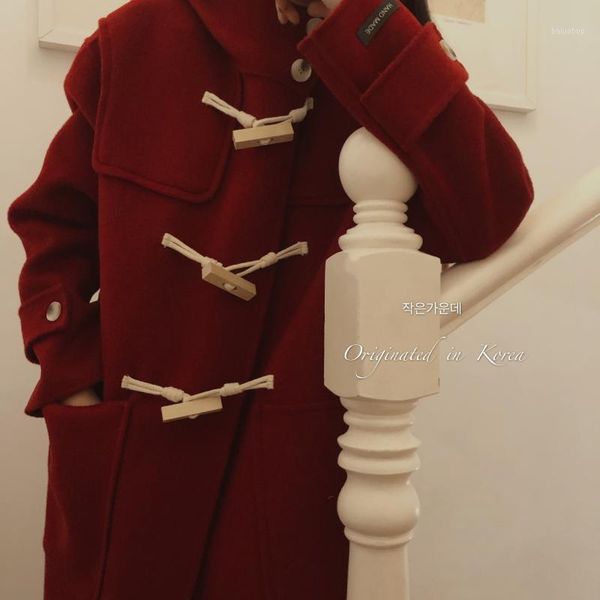 

south korea east gate double face cashmere wool coat woolen coat woolen female ox horn buckle loose with thick hat1, Black