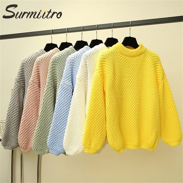 Surmiitro de malha outono camisola de inverno mulheres senhora coreano longa lanterna manga jumper pulôver fêmea amarelo azul knitwear 201023