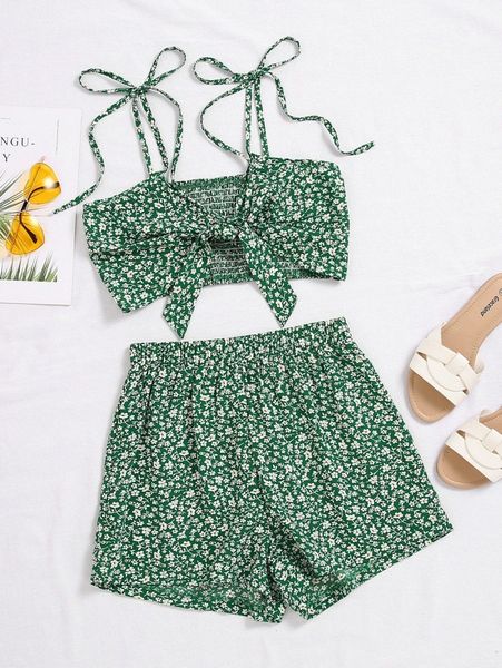 

ditsy floral tie front shirred cami & shorts w3y7#, White