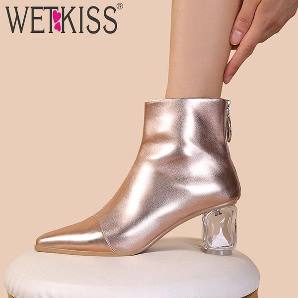 

boots wetkiss cow leather ankle women crystal heels high booties pointed toe shoes female zip party ladies autumn 2021, Black
