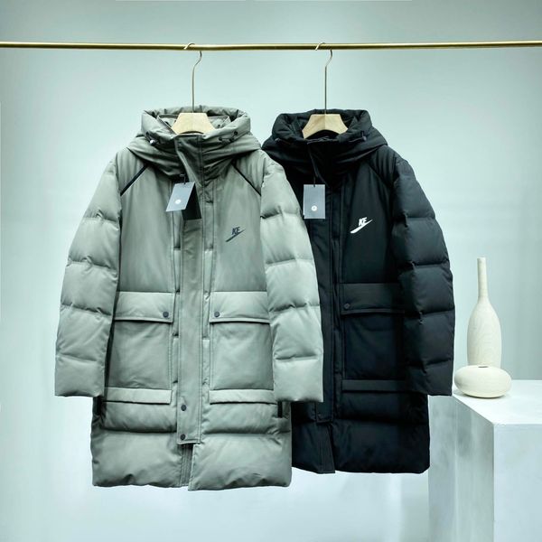 

mens fahison down coats long style 2020 winter mens thick coat hook pattern down jackets men solid color outerwears, Black