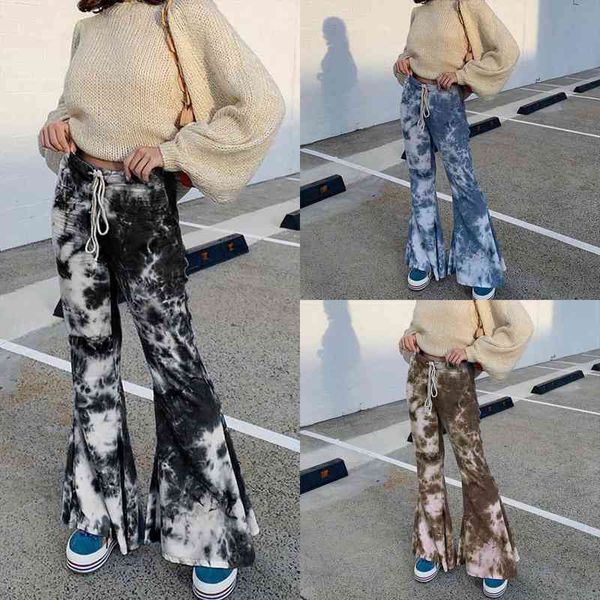 

women pants fashion casual chic trendy tie dye long flared pants elastic drawstring high waist wide bottom trousers, Black;white